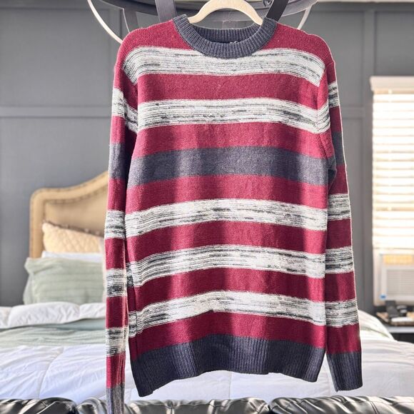Studio 81 Striped Crewneck Sweater Men’s S GrandpaCore Retro Maroon Gray Knit - Picture 8 of 11